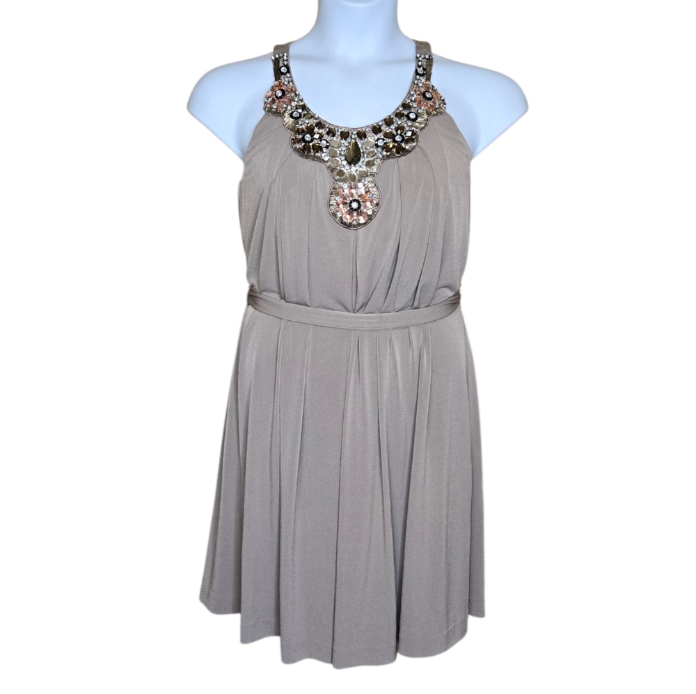 SUZI CHIN Maggy Boutique taupe beaded tank jersey trapeze dress 2